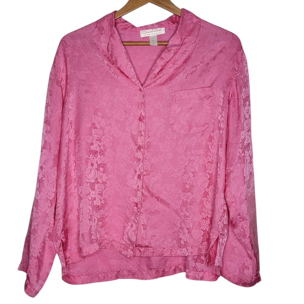 Oscar De La Renta Pink Label 100% Silk Button Up Night Shirt Sleep Large L‎